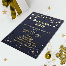 ダークグレー – ブロンズの星と雪の結晶の新年パーティー 箔招待状