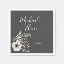ダークグレー&ホワイトフローラ結婚ズ紙 スタンダードカクテルナプキン