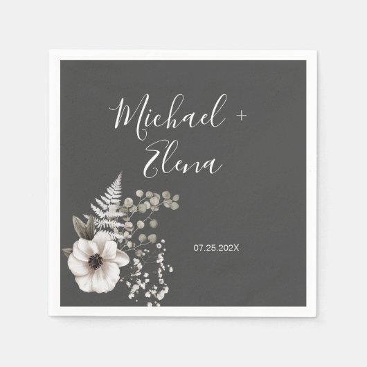 ダークグレー&ホワイトフローラ結婚ズ紙 スタンダードカクテルナプキン (正面)