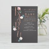 ダークグレー モダン フラワー ベイビーシャワー タイポグラフィー 招待状 (スタンド正面)