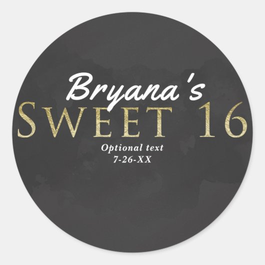 ダークグレー&金ゴールドスウィート16バースデーパーティーのお願い ラウンドシール (正面)