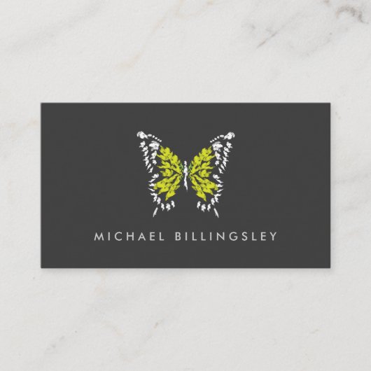 ダークグ色彩の鮮やかレーに黄色の蝶のロゴ 名刺 (正面)