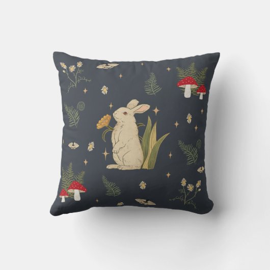 ダークコテージコアネイビーボタニカルウッドランドウサギ クッション (裏面)