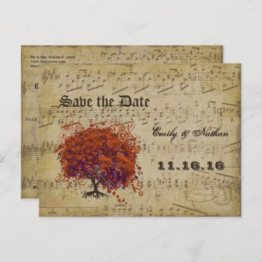 ダークコーラルハートリーフツリー日付を保存 案内ポストカード (正面/裏面)