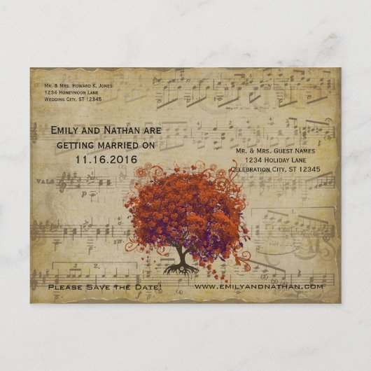 ダークコーラルハートリーフツリー日付を保存 案内ポストカード (裏面)