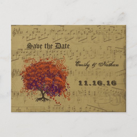 ダークコーラルハートリーフツリー日付を保存 案内ポストカード (正面)