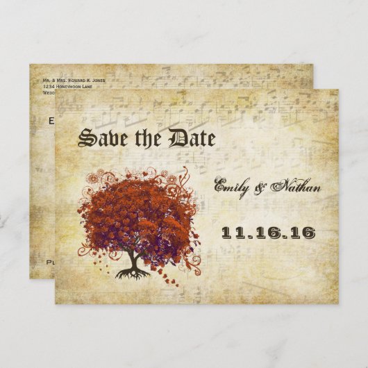 ダークコーラルハートリーフツリー日付を保存 案内ポストカード (正面/裏面)