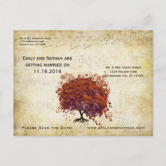 ダークコーラルハートリーフツリー日付を保存 案内ポストカード (裏面)