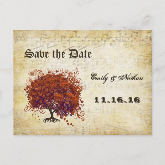 ダークコーラルハートリーフツリー日付を保存 案内ポストカード (正面)