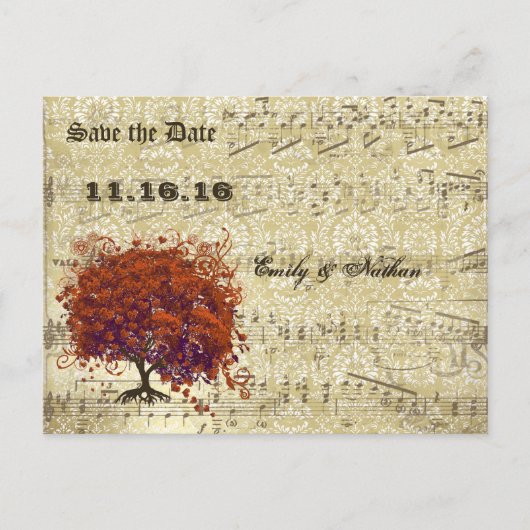 ダークコーラルハートリーフツリー日付を保存 案内ポストカード (正面)