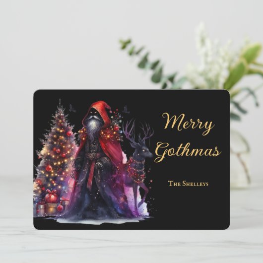 ダークゴシックのサンタとトナカイのクリスマス シーズンカード (スタンド正面)