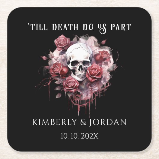 ダークゴシックのスカル「死ぬまで我々は別結婚れる スクエアペーパーコースター (正面)