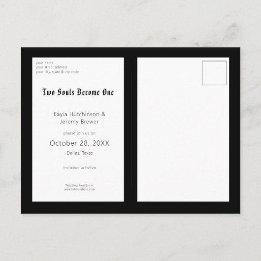 ダークゴシックのハロウィーンの結婚式の日付を保存 案内ポストカード (裏面)