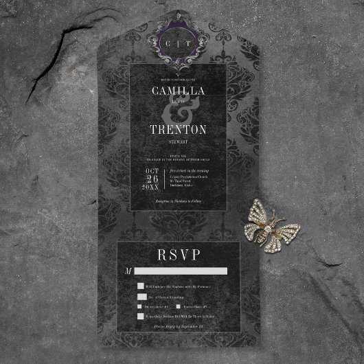 ダークゴシックのブラックダマスクディナー オールインワン招待状