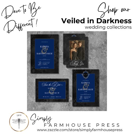 ダークゴシックのブラックフローラサテンダマスクブルー結婚ズ サンキューカード