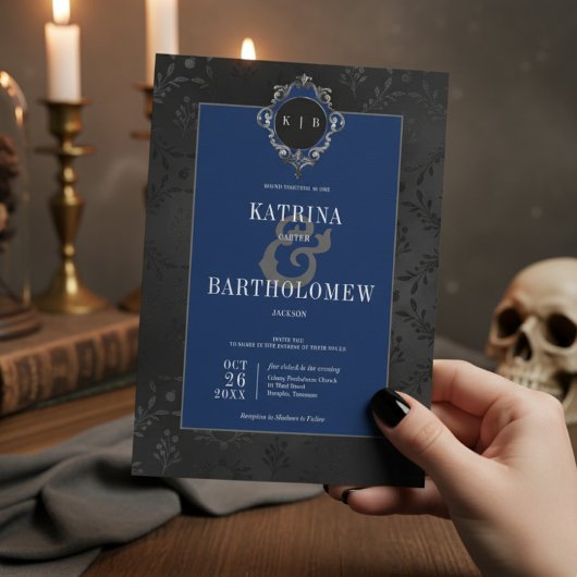 ダークゴシックのブラックフローラサテンダマスクブルー結婚ズ 招待状