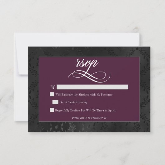 ダークゴシックのブラックフローラサテンダマスクワイン結婚ズ 出欠カード (正面)