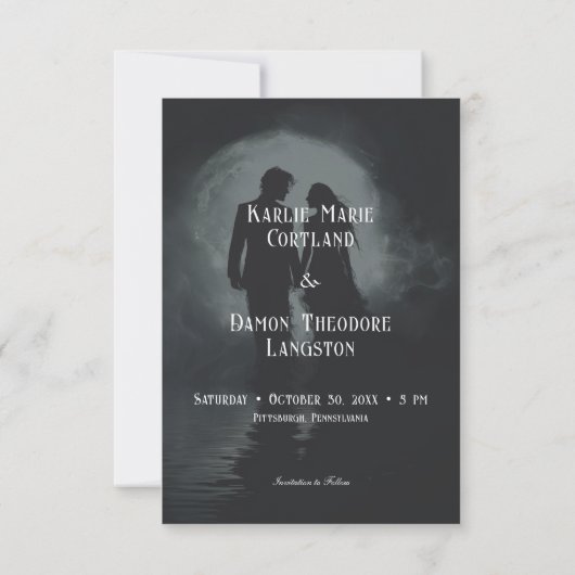 ダークゴシックの月明かりのカップルのシルエット結婚ズ セーブザデート (裏面)