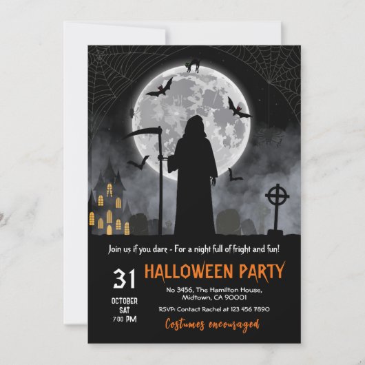 ダークゴシックの死神の完全な月のこうもりハロウィーン 招待状 (正面)