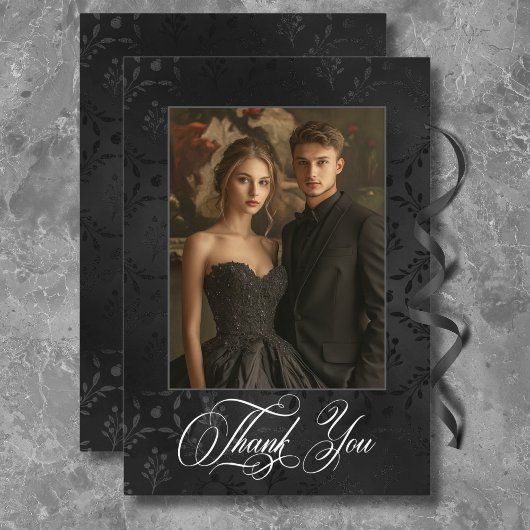 ダークゴシックの黒いフローラサテンダマスクウェディング サンキューカード