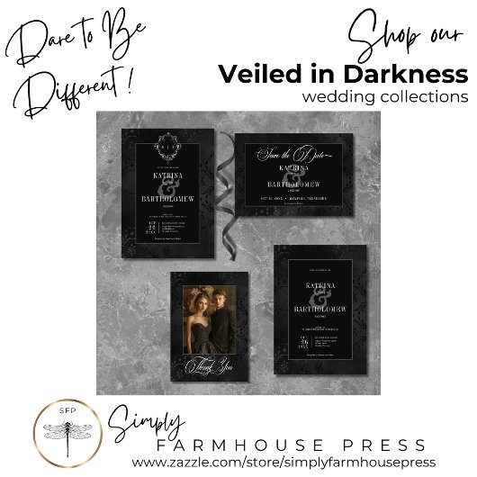 ダークゴシックの黒いフローラサテンダマスクウェディング セーブザデート