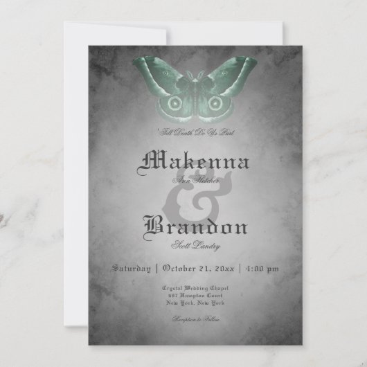 ダークゴシックの黒い水色の緑のガ結婚ス 招待状 (正面)