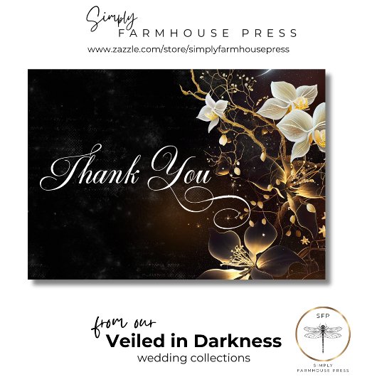 ダークゴシックの黒と白のオーキッドのスペル結婚ズ サンキューカード