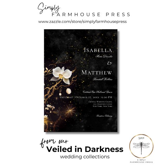 ダークゴシックの黒と白のオーキッドのスペル結婚ズ 招待状