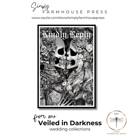 ダークゴシックの黒と白のスケルトンカップルのディナー 出欠カード