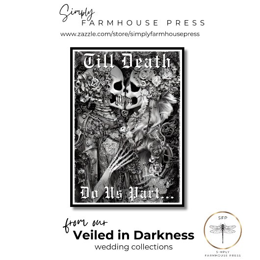 ダークゴシックの黒と白のスケルトン結婚カップル 招待状