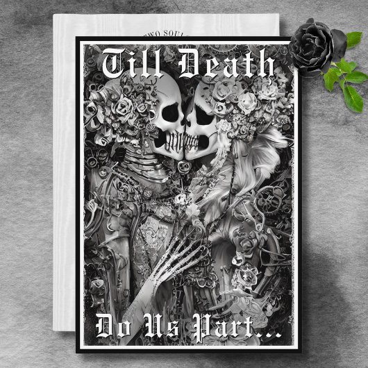 ダークゴシックの黒と白のスケルトン結婚カップル 招待状