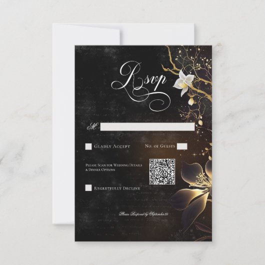 ダークゴシックの黒と白の蘭のスペルQRコード 出欠カード (正面)