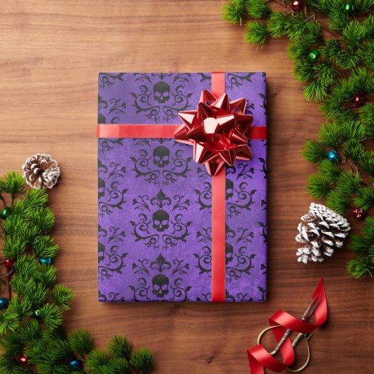 ダークゴシックダマスクフローラスカル（黒と紫） ラッピングペーパー (クリスマスギフト)