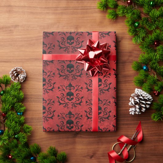 ダークゴシックダマスクフローラスカル(黒と赤) ラッピングペーパー (クリスマスギフト)