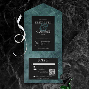 ダークゴシックティール（緑がかった色）&ブラックヴィンテージダイヤモンドQRコード オールインワン招待状