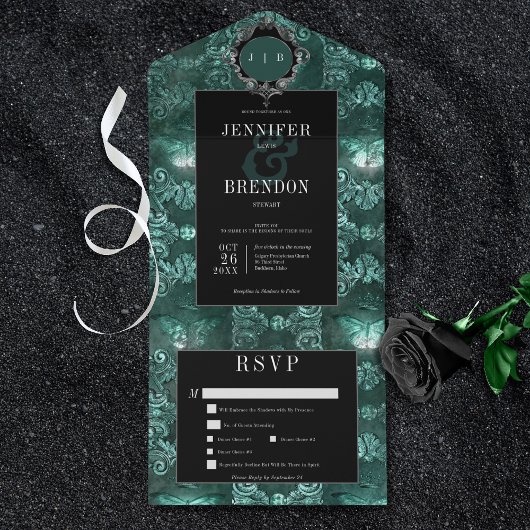 ダークゴシックティール（緑がかった色）&ブラックヴィンテージモスディナー オールインワン招待状