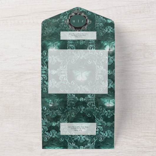 ダークゴシックティール(緑がかった色)&ブラックヴィンテージモスノーディナー オールインワン招待状 (外側)