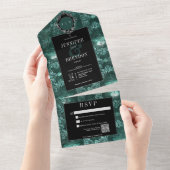 ダークゴシックティール（緑がかった色）&ブラックヴィンテージ蛾QRコード オールインワン招待状 (貼ってはがせる)