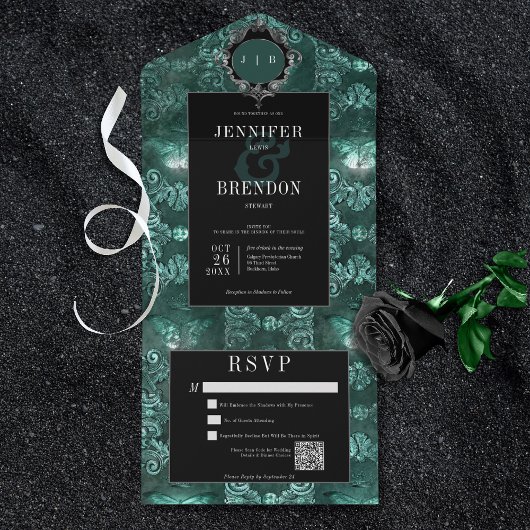 ダークゴシックティール（緑がかった色）&ブラックヴィンテージ蛾QRコード オールインワン招待状