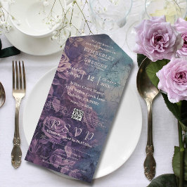 ダークゴシックパープルラベンダーバラQRコード オールインワン招待状