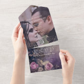 ダークゴシックパープルラベンダーフローラQRコード写真 オールインワン招待状 (貼ってはがせる)