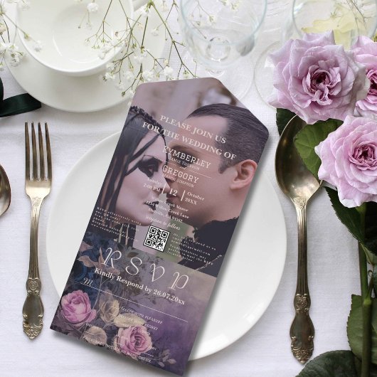 ダークゴシックパープルラベンダーフローラQRコード写真 オールインワン招待状