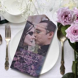 ダークゴシックパープルラベンダーフローラQRコード写真 オールインワン招待状