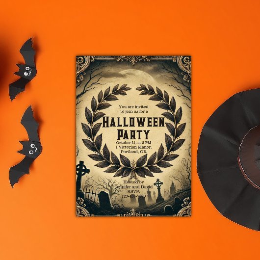 ダークゴシックビクトリアンヴィンテージリースハロウィーン 招待状