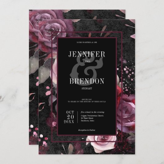 ダークゴシックピンクブルゴーニュ&ブラックフローラ 招待状 (正面/裏面)