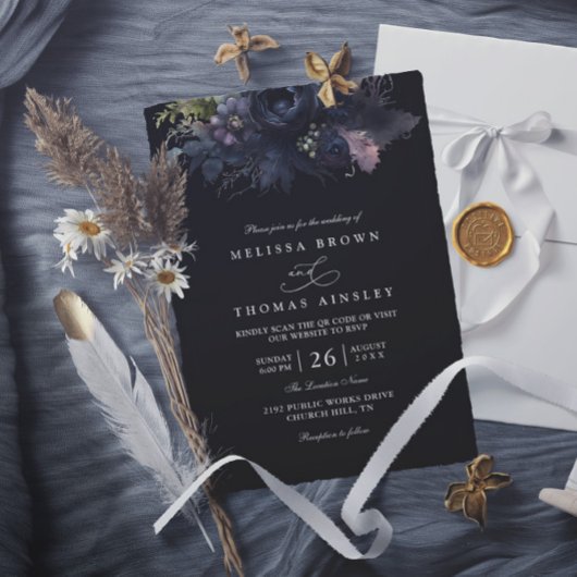 ダークゴシックフラワーブラックエレガントQRコード結婚式 招待状