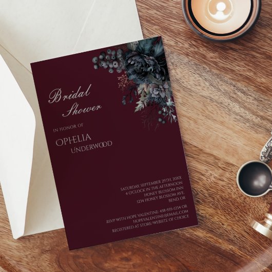 ダークゴシックフローラブルゴーニュ結婚ズブライダルシャワー 招待状