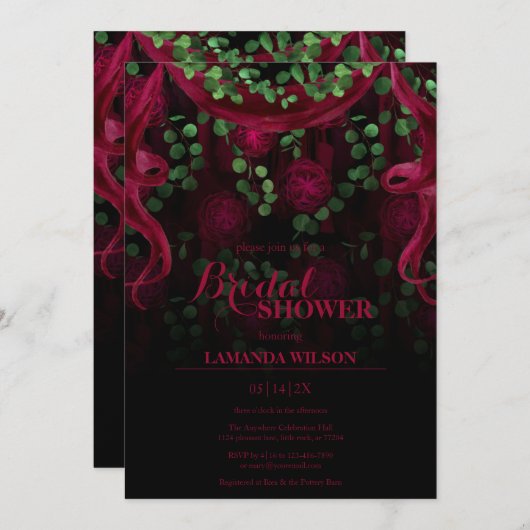 ダークゴシックフローラ明るい赤紫色ブラックブライダルシャワー 招待状 (正面/裏面)