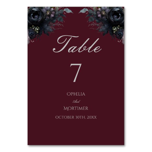 ダークゴシックフローラ結婚ブルゴーニュのテーブル番号 テーブルナンバー (正面)