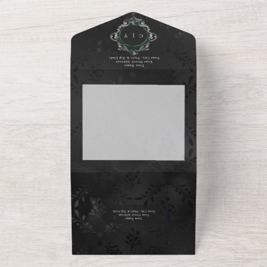 ダークゴシックブラック&エメラルドフローラサテンノディナー オールインワン招待状 (外側)